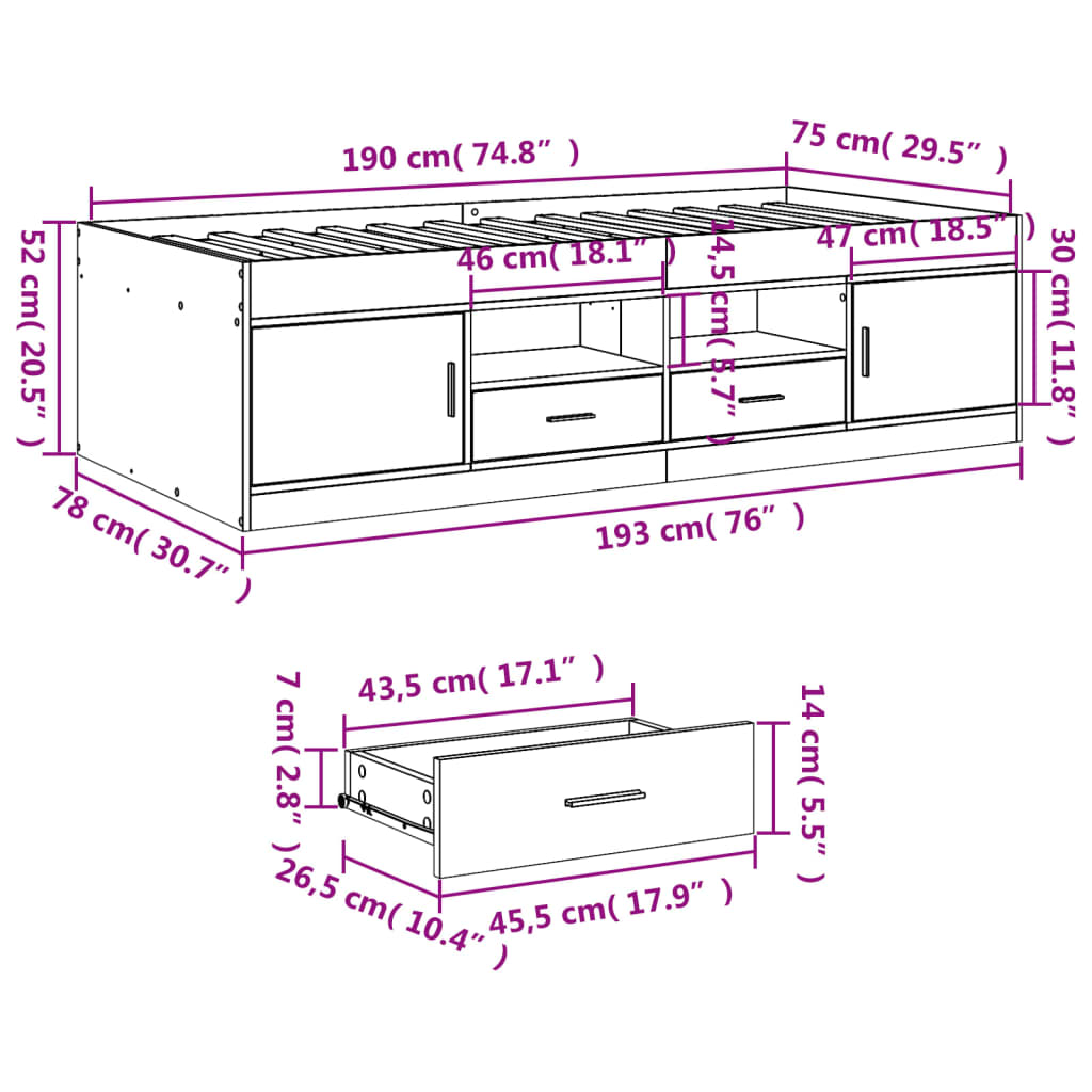 Day bed with drawers without mattress brown oak 75x190 cm