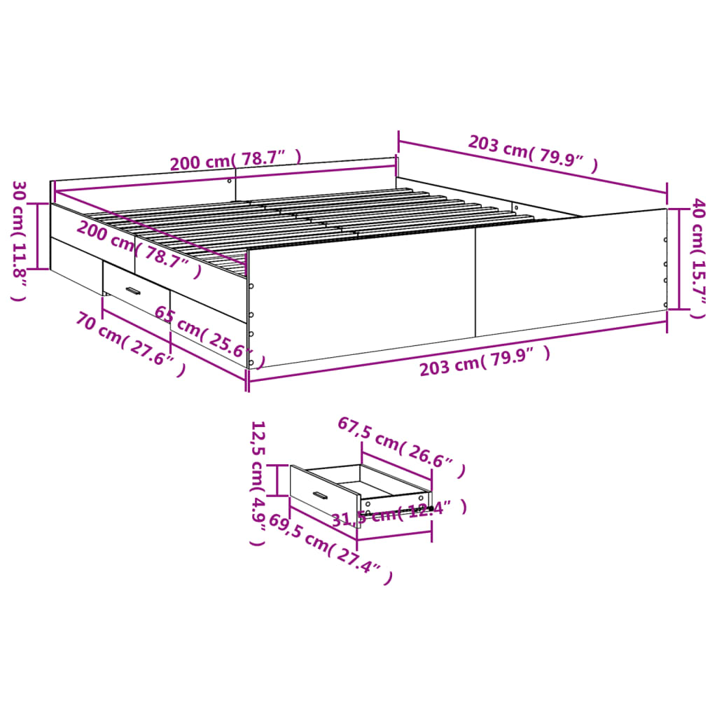 Cadre de lit avec tiroirs sans matelas blanc 200x200 cm