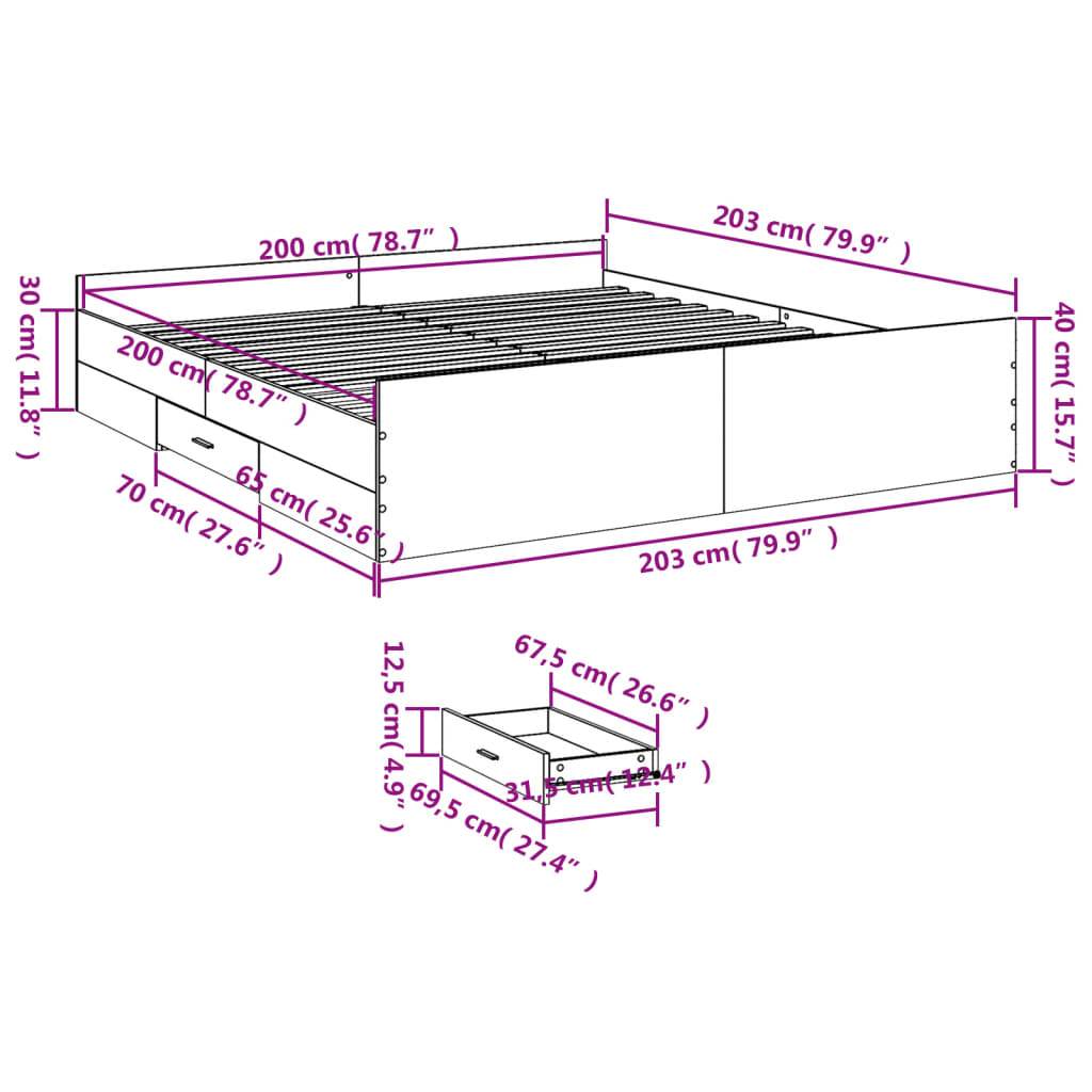 Cadre de lit avec tiroirs sans matelas sonoma gris 200x200 cm