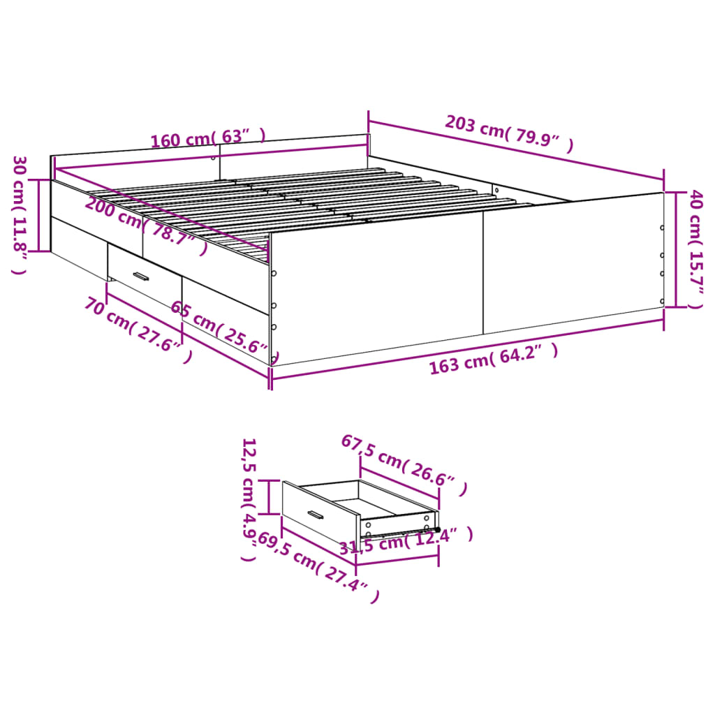 Cadre de lit avec tiroirs sans matelas sonoma gris 160x200 cm