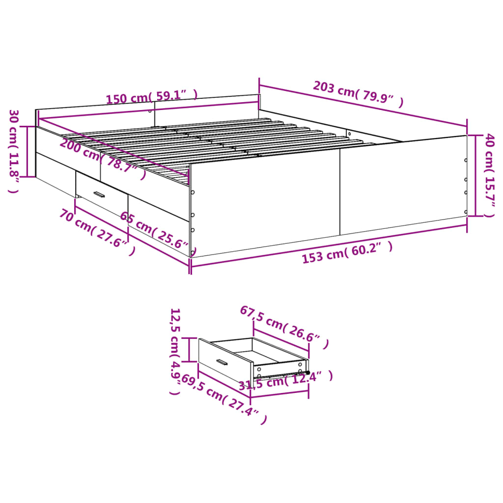 Cadre de lit avec tiroirs sans matelas sonoma gris 150x200 cm