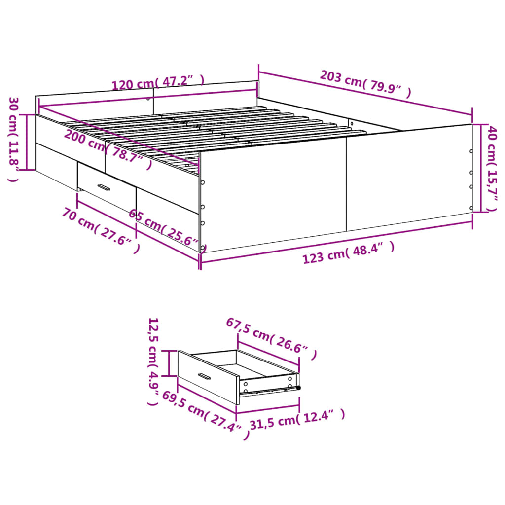 Cadre de lit avec tiroirs sans matelas sonoma gris 120x200 cm