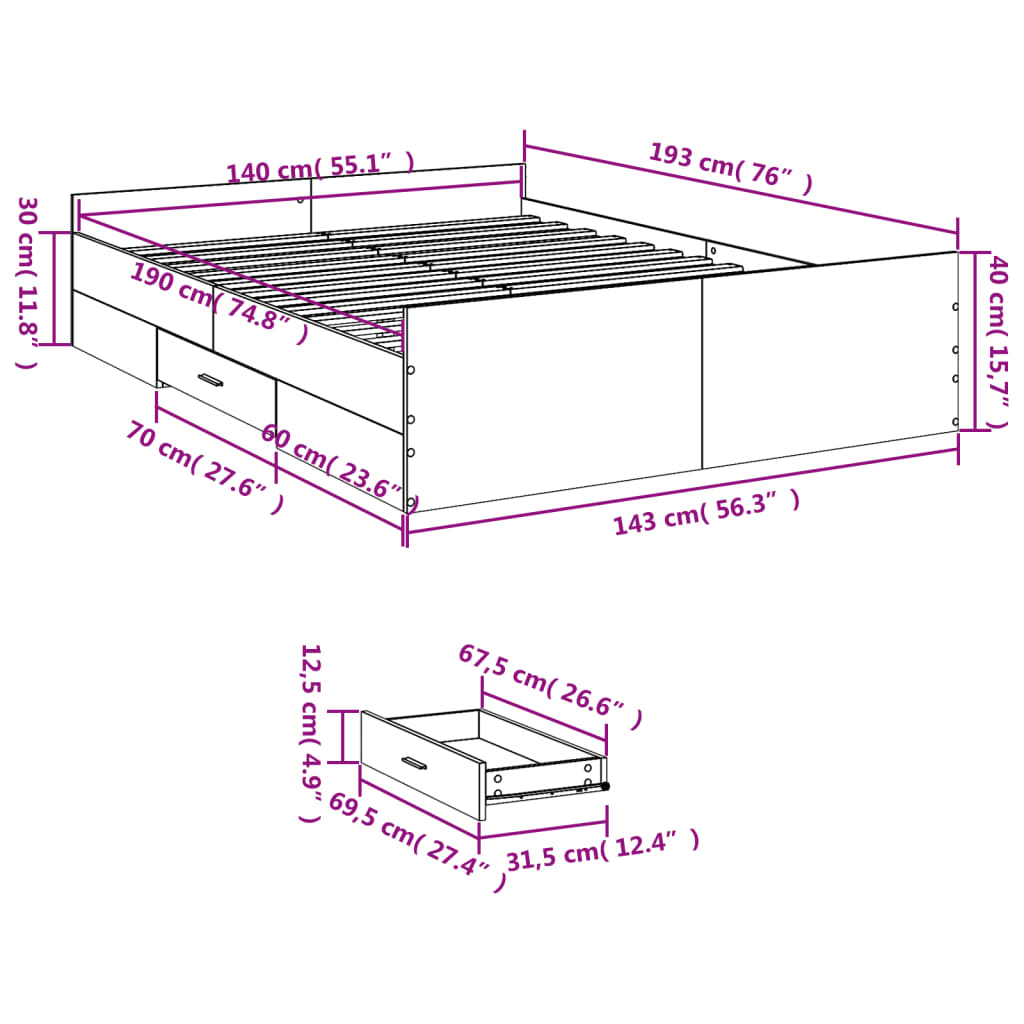 Cadre de lit avec tiroirs sans matelas blanc 140x190 cm