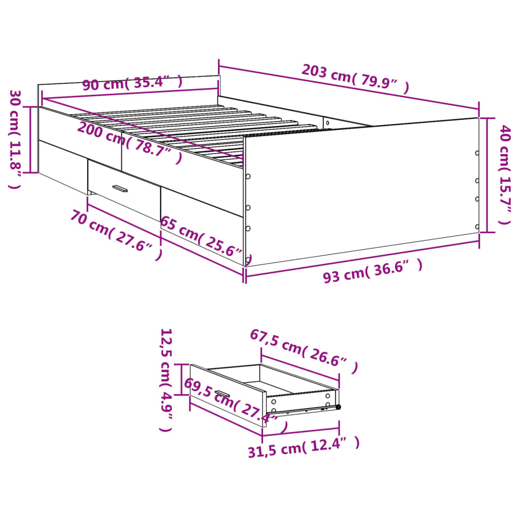 Cadre de lit avec tiroirs sans matelas blanc 90x200 cm