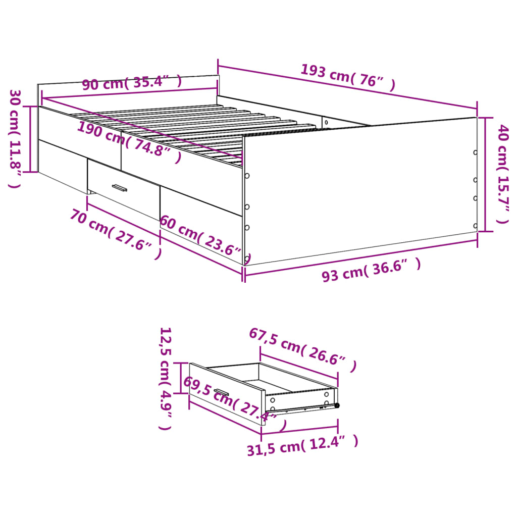 Cadre de lit avec tiroirs sans matelas blanc 90x190 cm