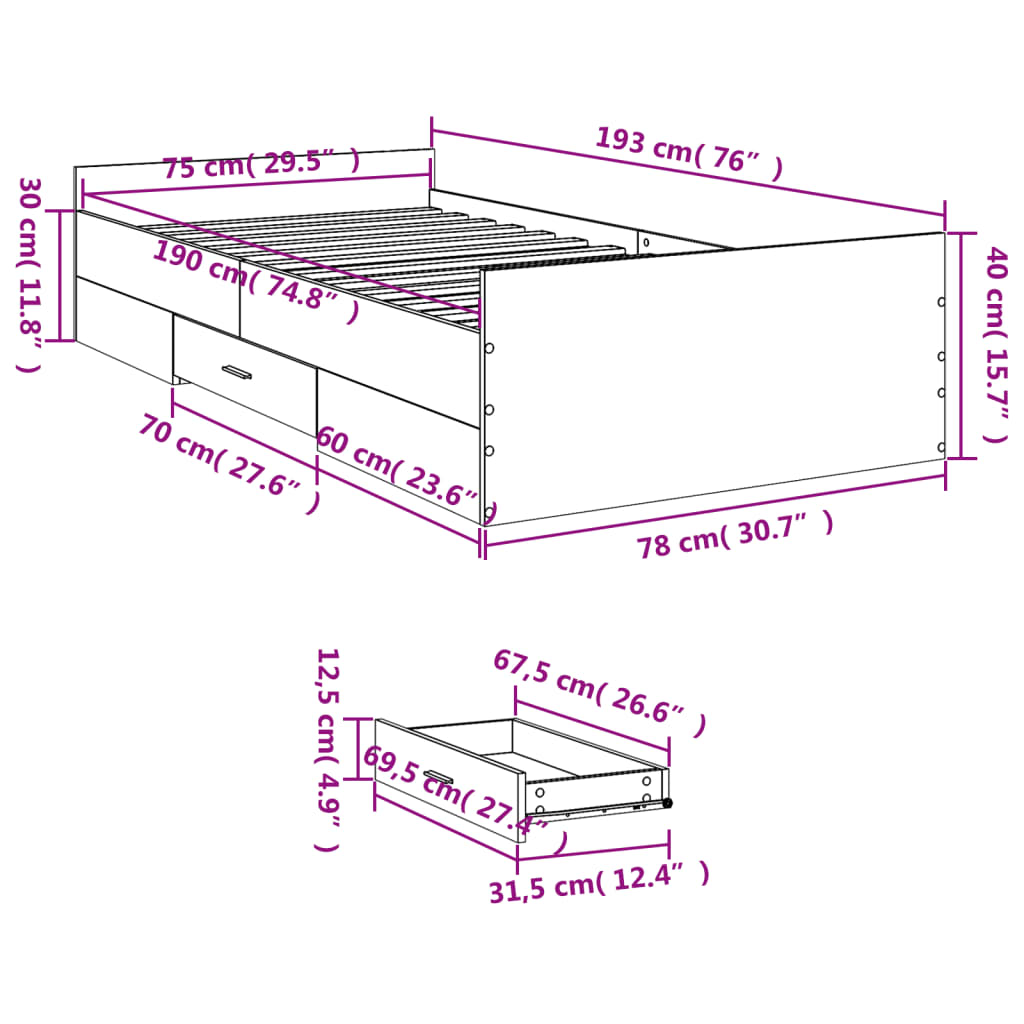 Bed frame with drawers without mattress white 75x190 cm