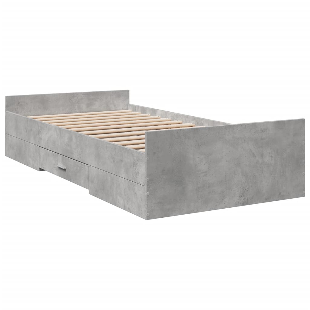 Cadre de lit avec tiroirs sans matelas gris béton 75x190 cm