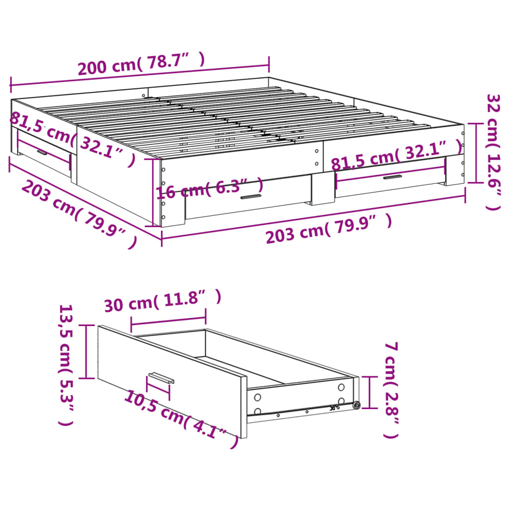 Cadre de lit avec tiroirs sans matelas blanc 200x200 cm