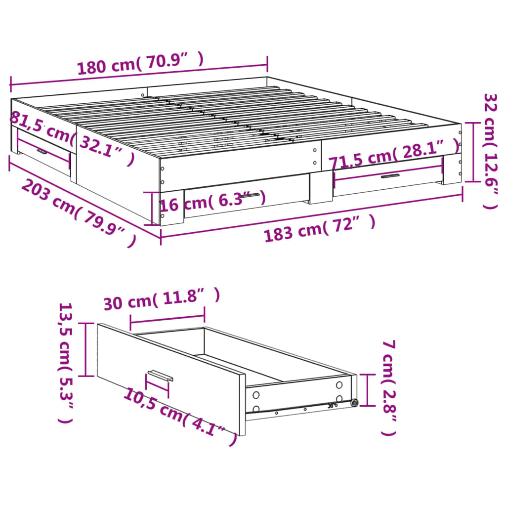 Cadre de lit avec tiroirs sans matelas sonoma gris 180x200 cm