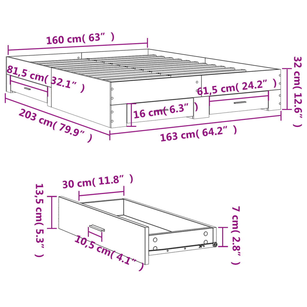 Cadre de lit avec tiroirs sans matelas sonoma gris 160x200 cm