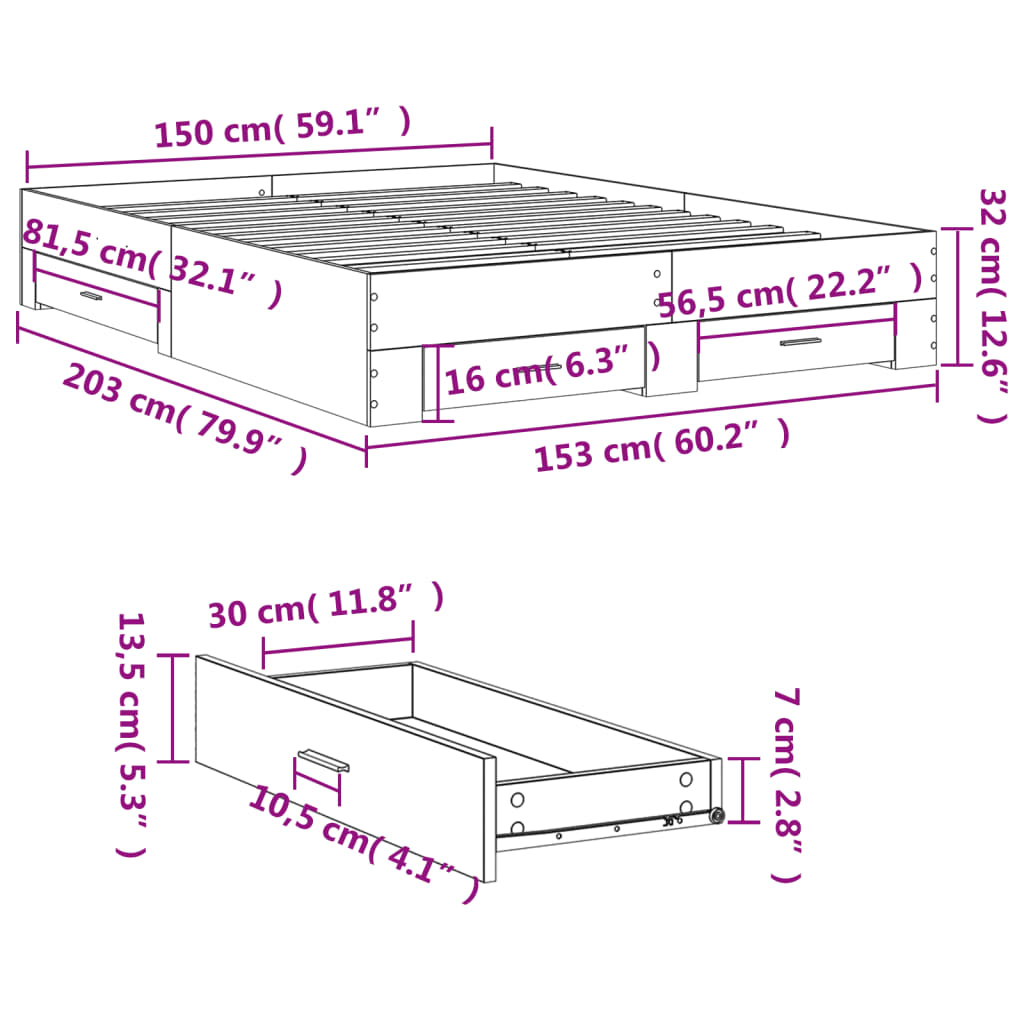 Cadre de lit avec tiroirs sans matelas gris béton 150x200 cm