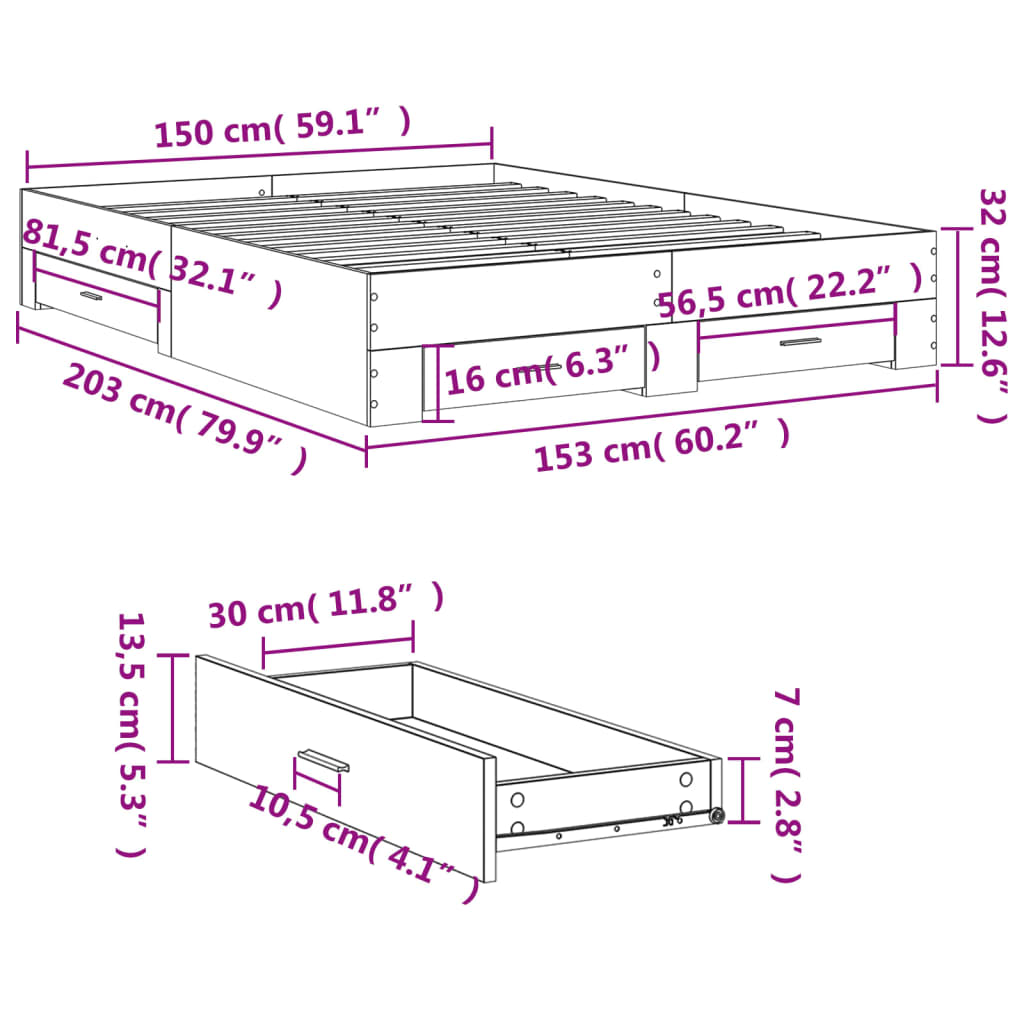 Cadre de lit avec tiroirs sans matelas sonoma gris 150x200 cm