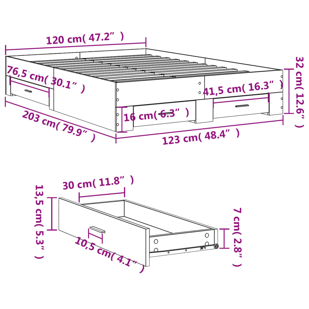 Cadre de lit avec tiroirs sans matelas blanc 120x200 cm