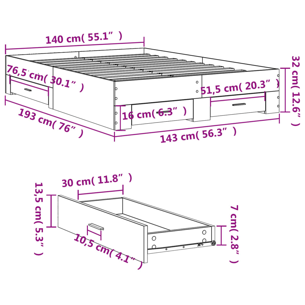 Cadre de lit avec tiroirs sans matelas chêne sonoma 140x190 cm