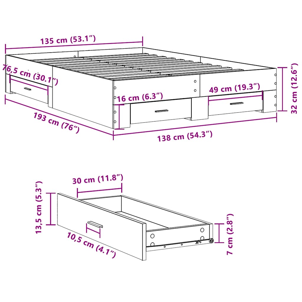 Cadre de lit avec tiroirs sans matelas chêne sonoma 135x190 cm