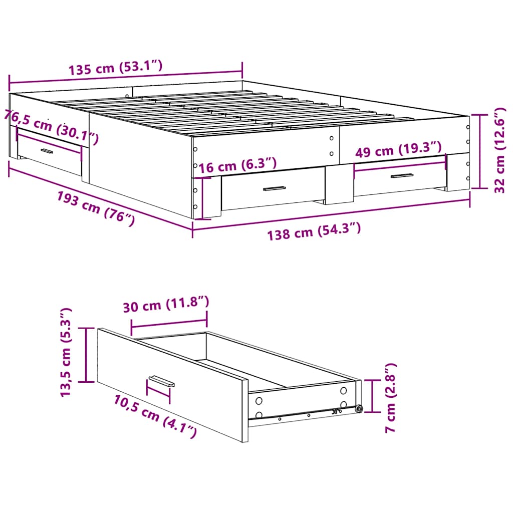 Cadre de lit avec tiroirs sans matelas gris béton 135x190 cm