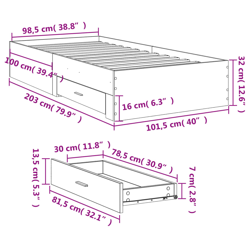 Cadre de lit avec tiroirs sans matelas blanc 100x200 cm