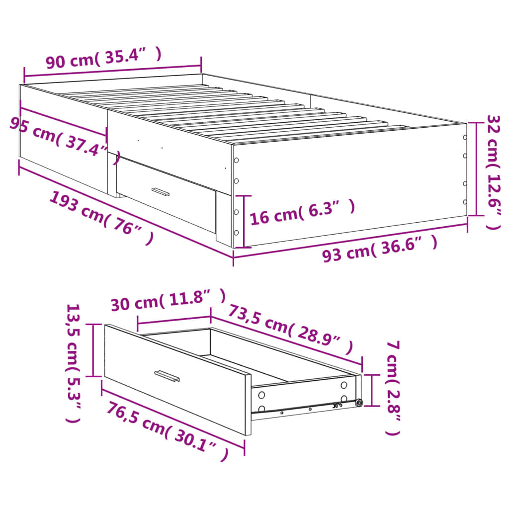 Bed frame with drawers without mattress smoked oak 90x190 cm