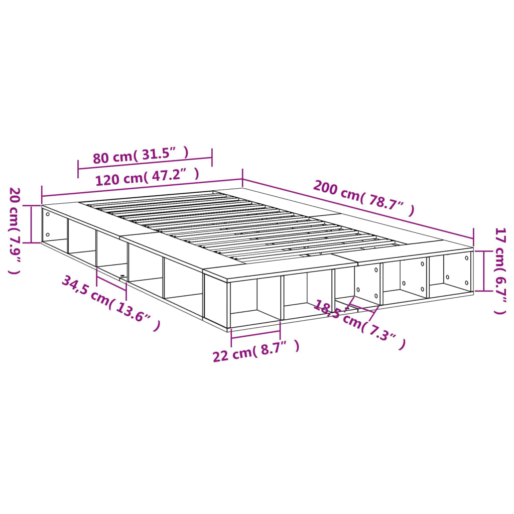 Cadre de lit sans matelas gris béton 120x200 cm