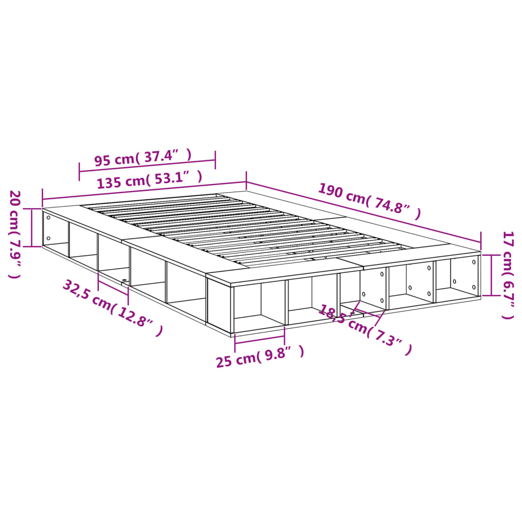 Cadre de lit sans matelas gris béton 135x190 cm