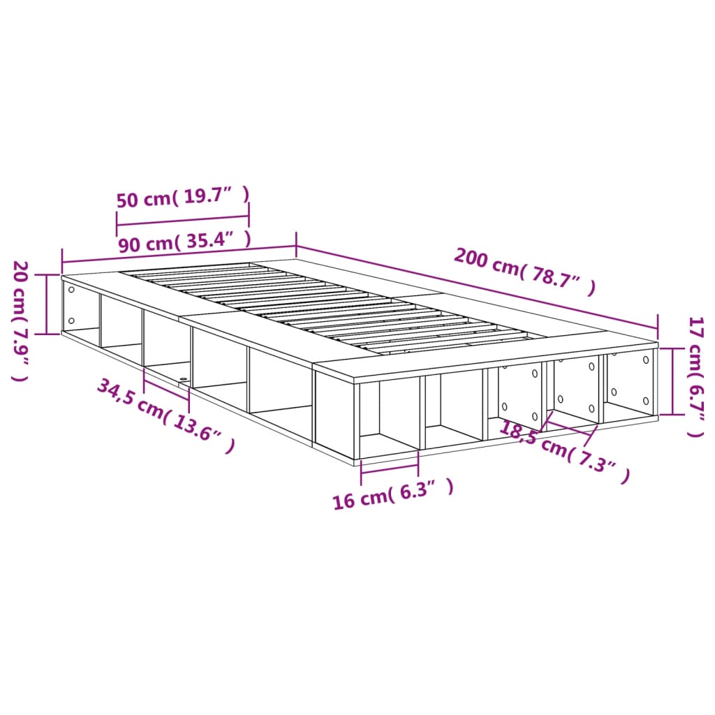 Cadre de lit sans matelas gris béton 90x200 cm