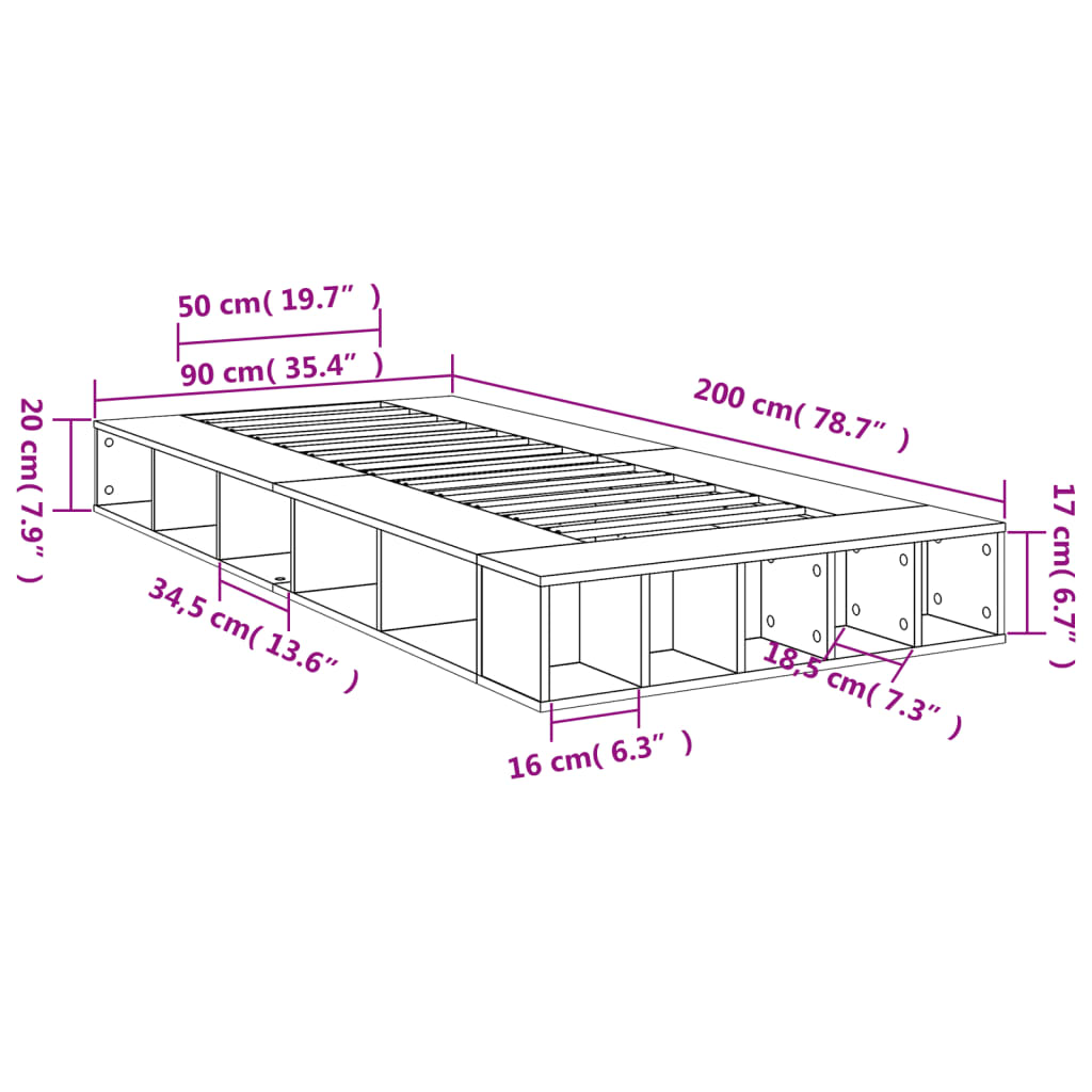 Cadre de lit sans matelas chêne fumé 90x200 cm