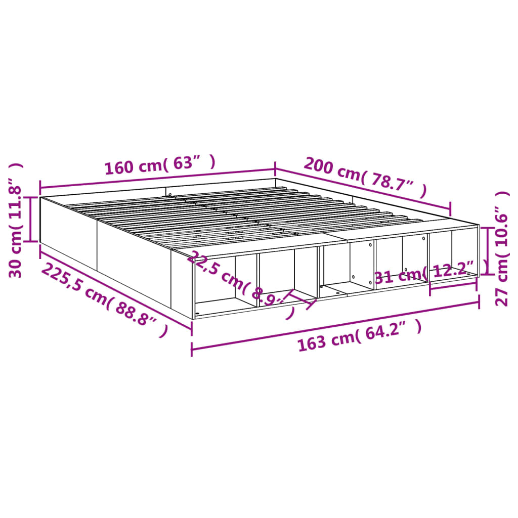 Cadre de lit sans matelas gris béton 160x200 cm