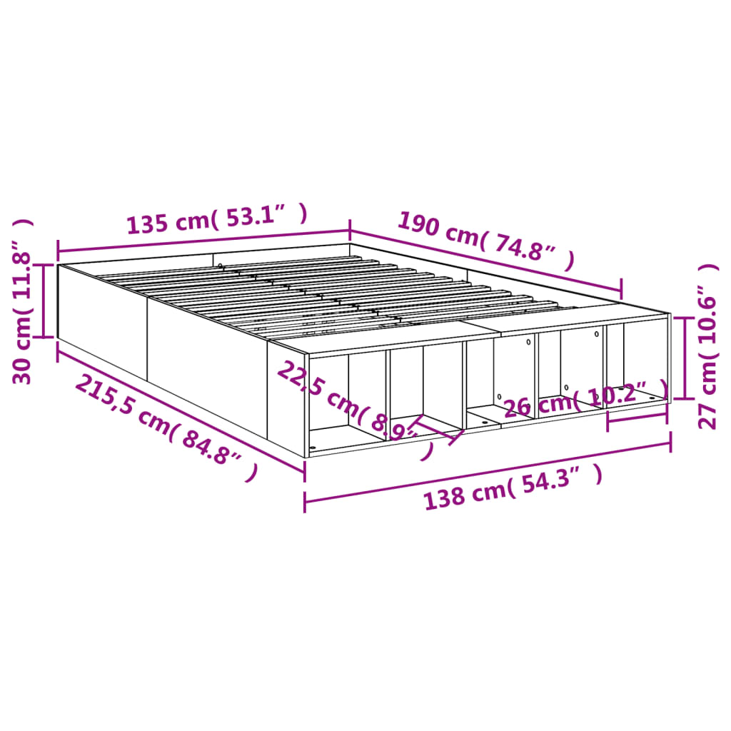 Cadre de lit sans matelas gris béton 135x190 cm