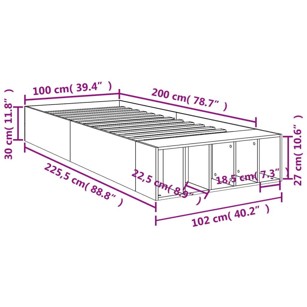 Cadre de lit sans matelas gris béton 100x200 cm