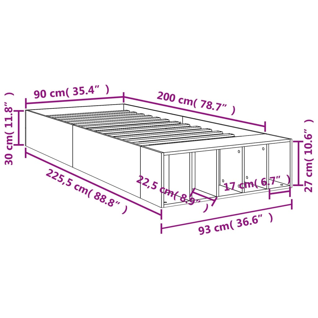 Cadre de lit sans matelas gris béton 90x200 cm