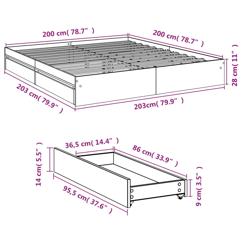 Cadre de lit avec tiroirs sans matelas blanc 200x200 cm