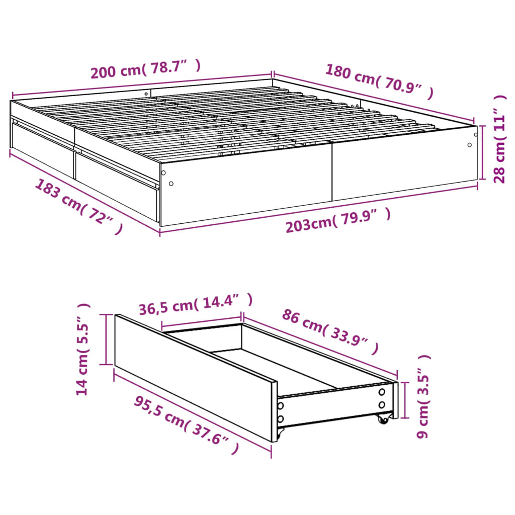 Cadre de lit avec tiroirs sans matelas sonoma gris 180x200 cm