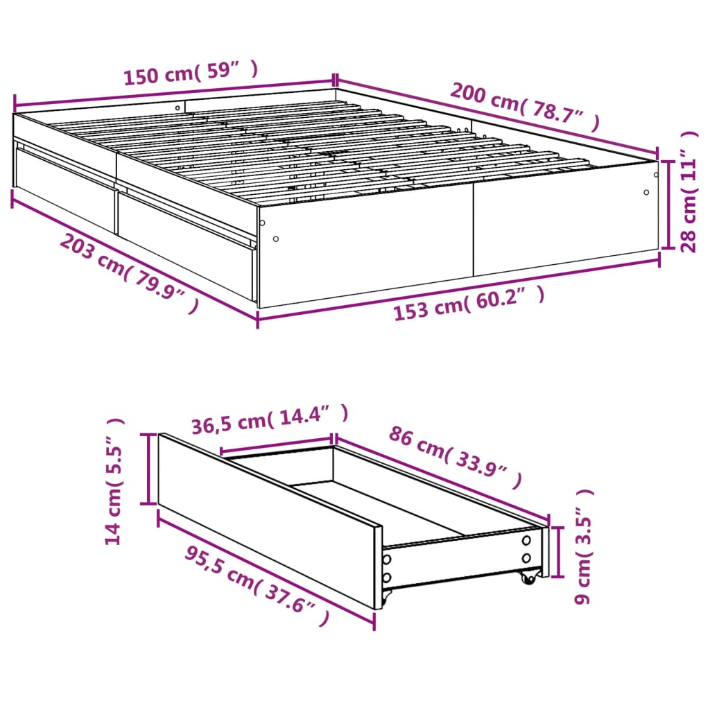 Bed frame with drawers without mattress sonoma oak 150x200 cm