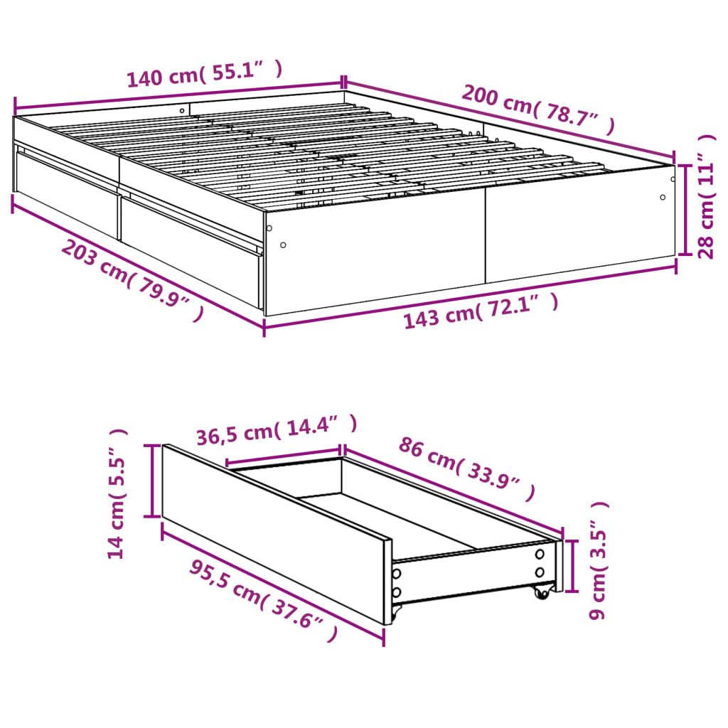 Cadre de lit avec tiroirs sans matelas gris béton 140x200 cm