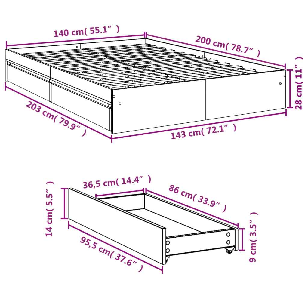 Cadre de lit avec tiroirs sans matelas sonoma gris 140x200 cm