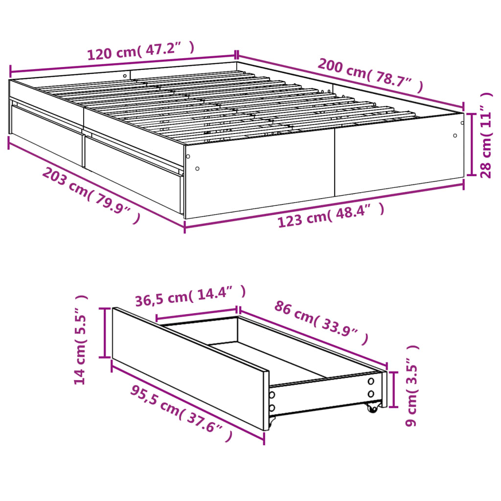 Cadre de lit avec tiroirs sans matelas gris béton 120x200 cm