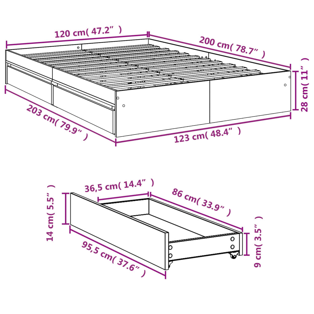 Cadre de lit avec tiroirs sans matelas chêne marron 120x200 cm