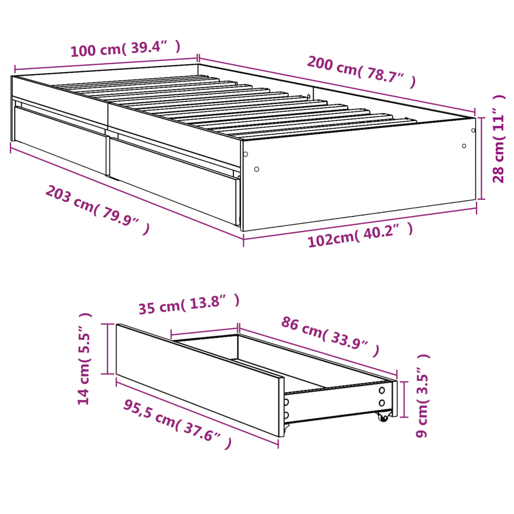 Cadre de lit avec tiroirs sans matelas chêne sonoma 100x200 cm