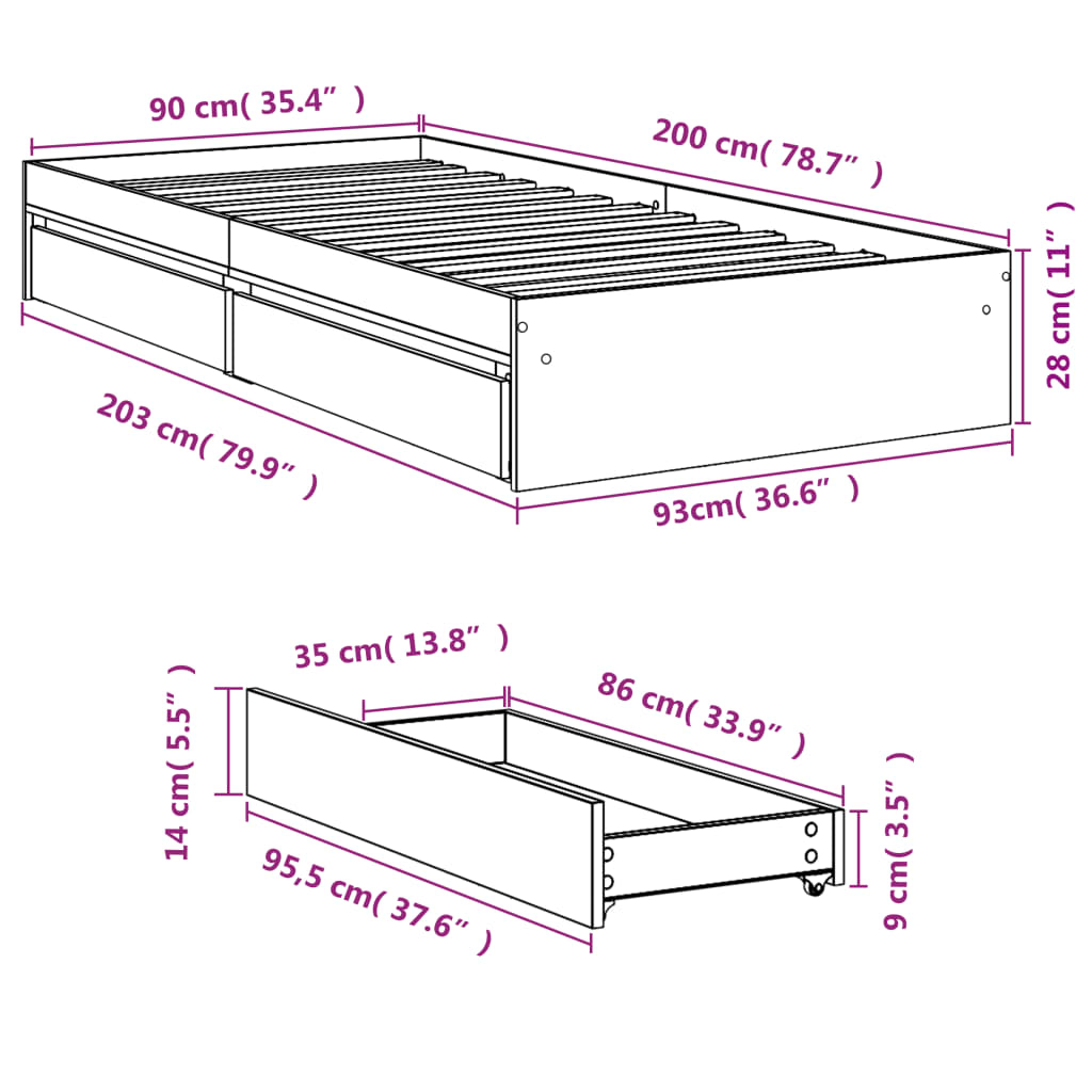 Cadre de lit avec tiroirs sans matelas blanc 90x200 cm