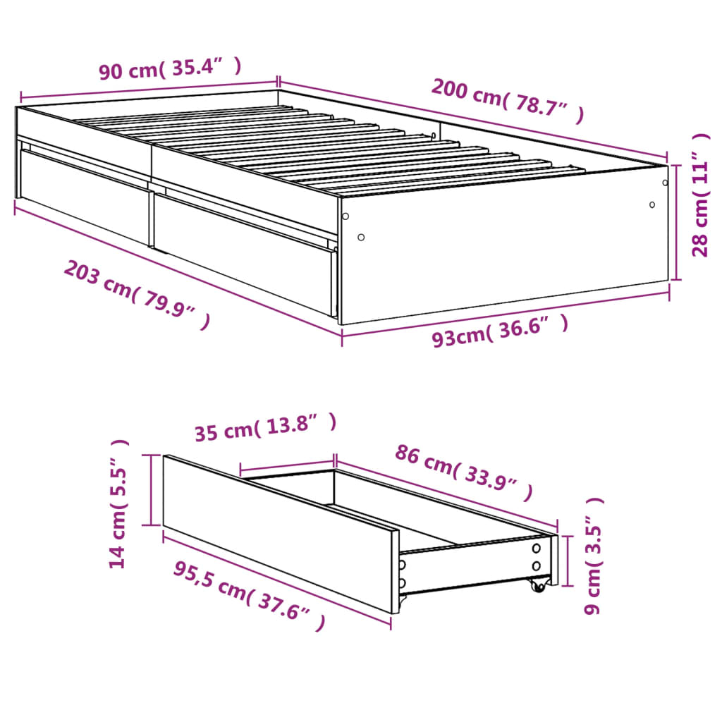 Cadre de lit avec tiroirs sans matelas gris béton 90x200 cm