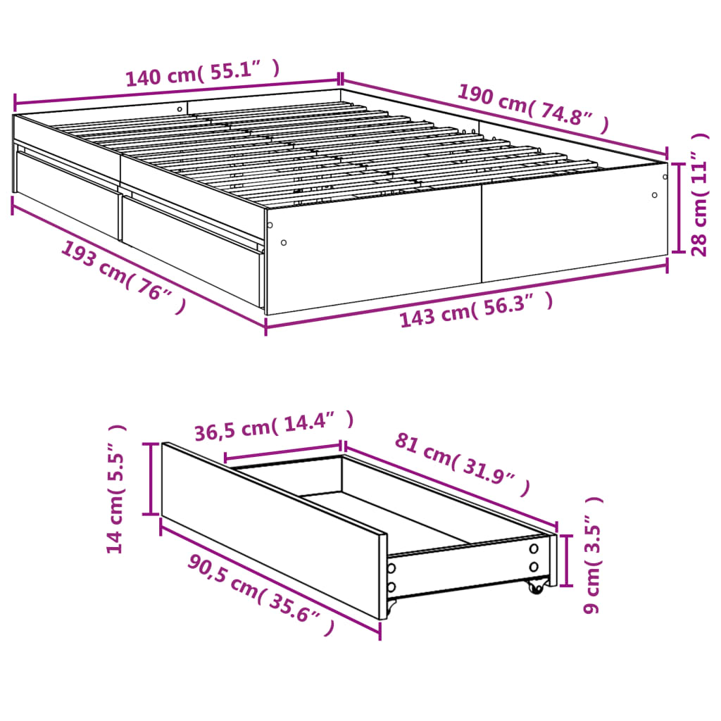 Cadre de lit avec tiroirs sans matelas noir 140x190 cm