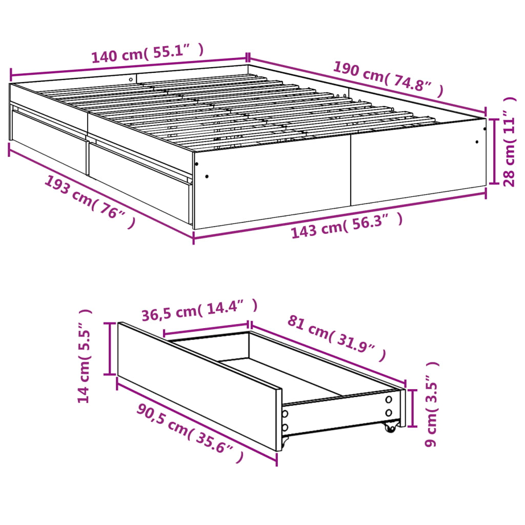 Cadre de lit avec tiroirs sans matelas gris béton 140x190 cm