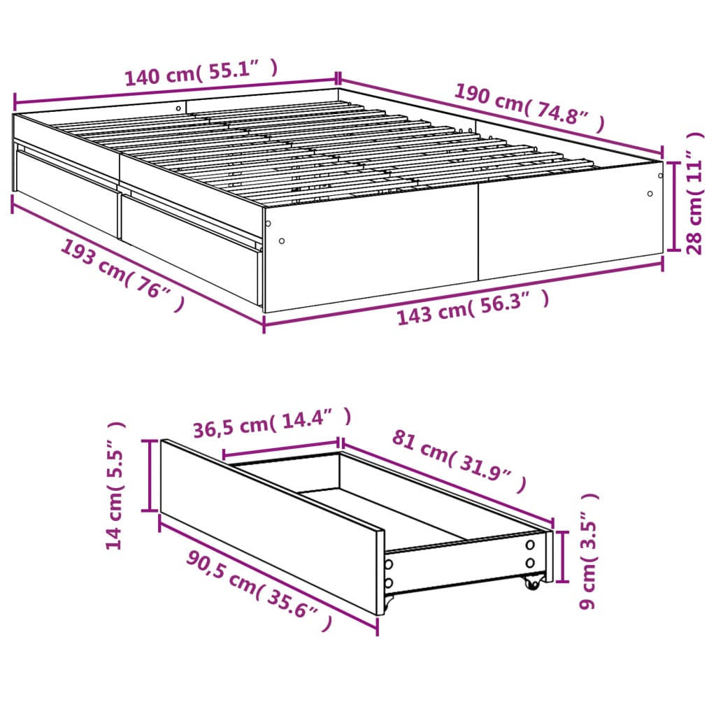 Cadre de lit avec tiroirs sans matelas chêne marron 140x190 cm