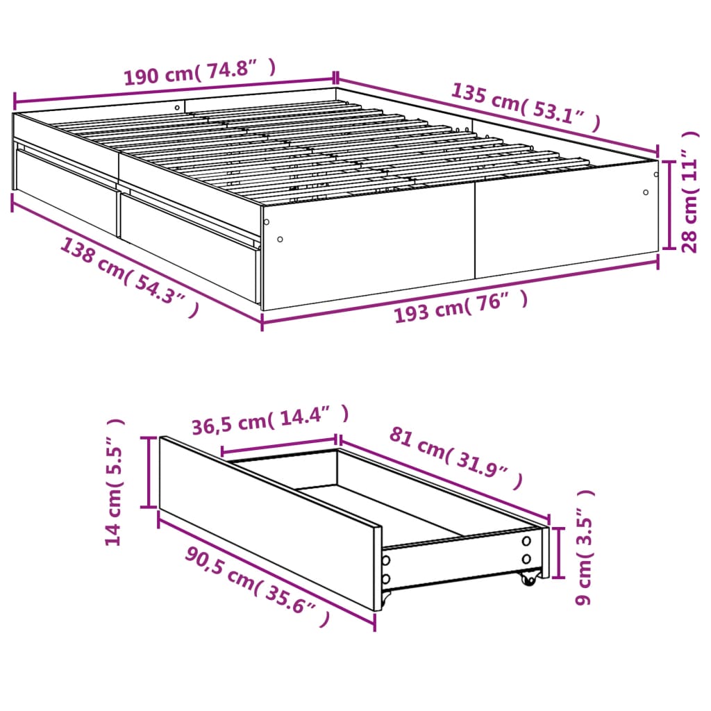 Cadre de lit avec tiroirs sans matelas blanc 135x190 cm