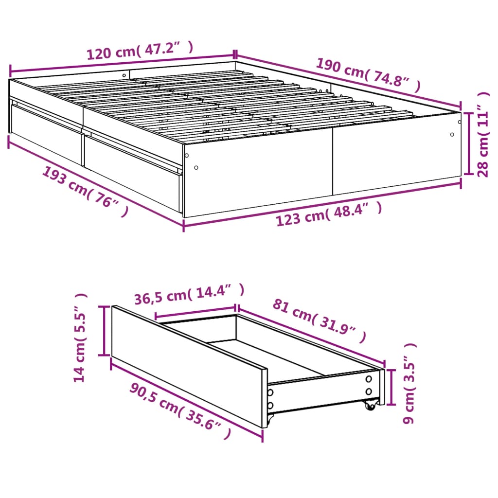 Cadre de lit avec tiroirs sans matelas chêne sonoma 120x190 cm