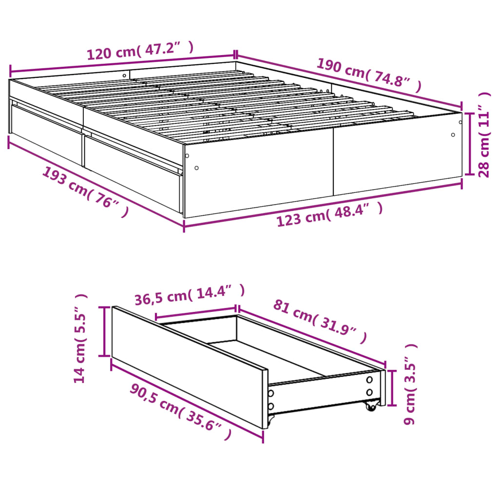 Cadre de lit avec tiroirs sans matelas gris béton 120x190 cm