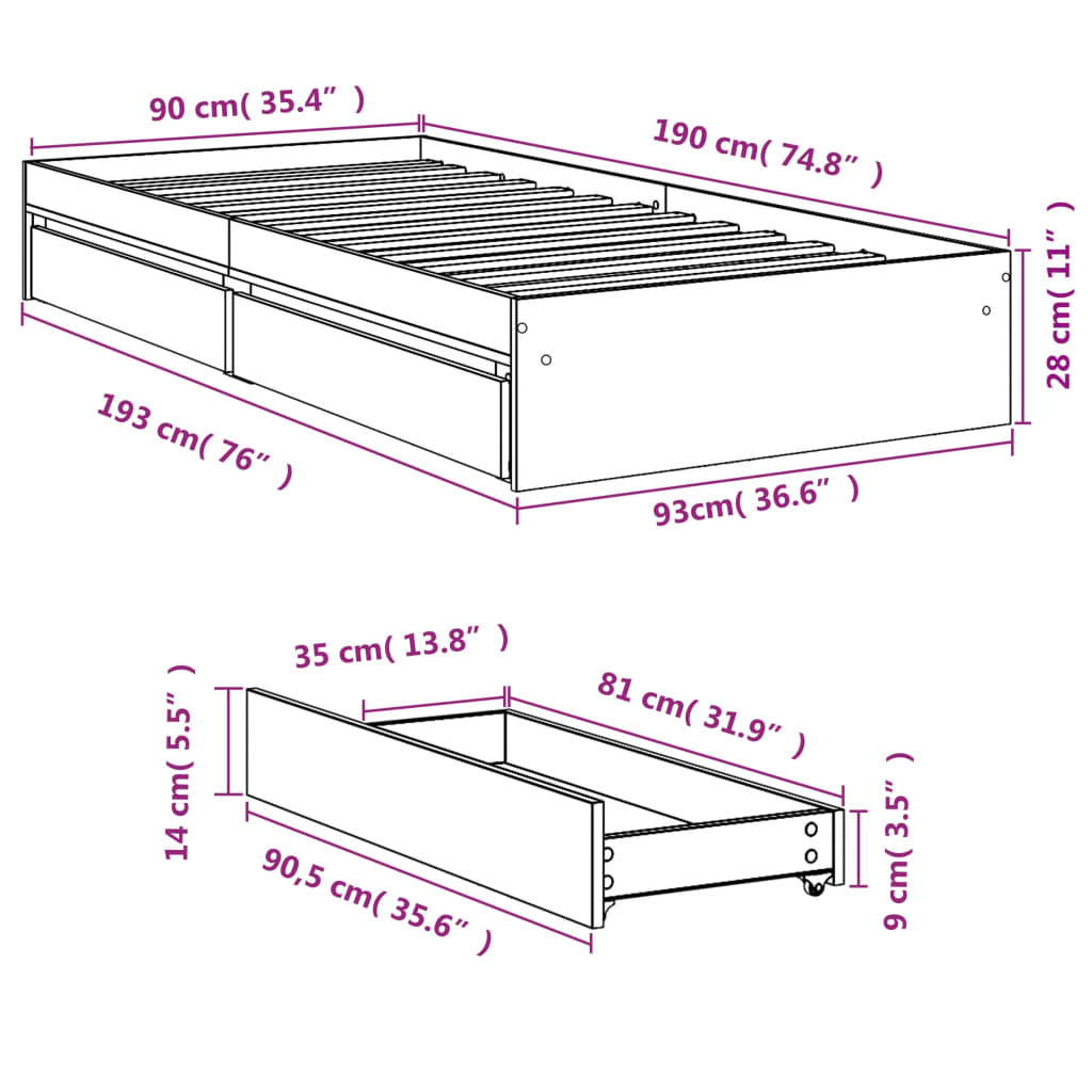 Cadre de lit avec tiroirs sans matelas blanc 90x190 cm