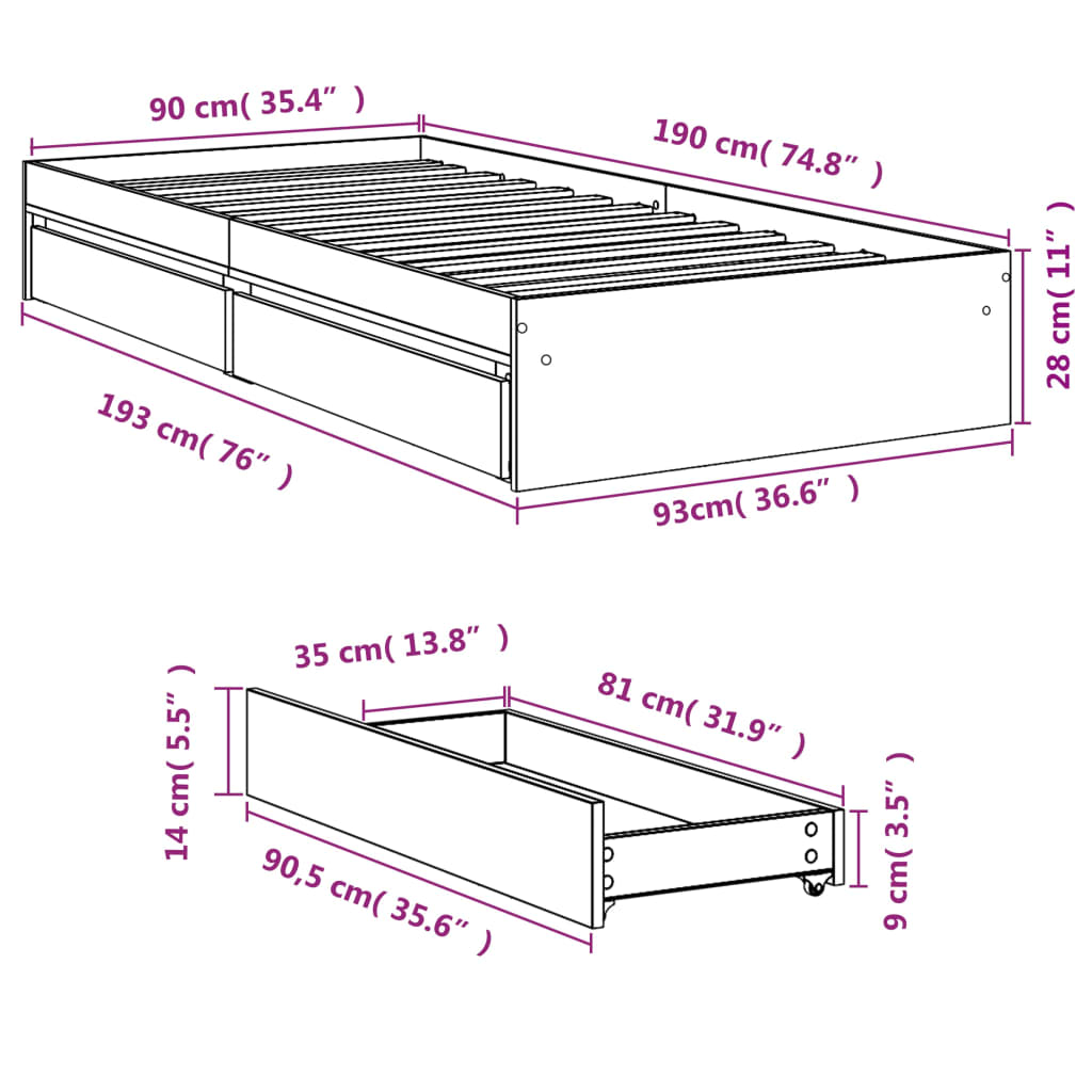 Cadre de lit avec tiroirs sans matelas chêne sonoma 90x190 cm