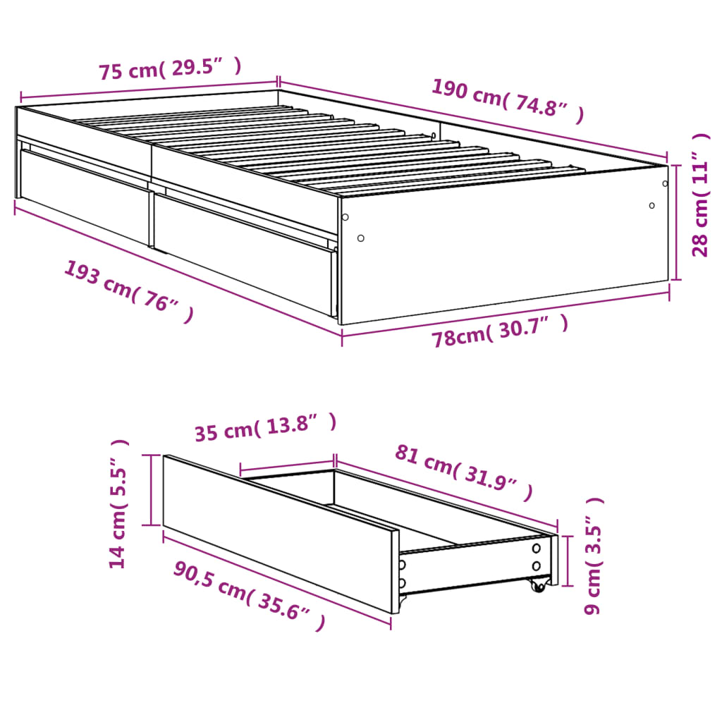 Cadre de lit avec tiroirs sans matelas chêne sonoma 75x190 cm