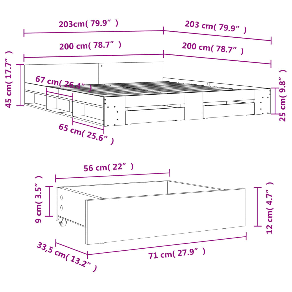 Cadre de lit avec tiroirs sans matelas blanc 200x200 cm